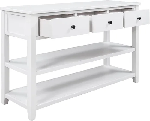 Vista 8 de Mesa consola retro con 3 cajones, mesa de entrada de madera maciza, mesa de sofá estrecha con estante, mesa de entrada estrecha, mesa de pasillo