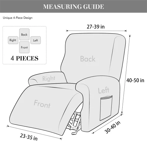 Vista 6 de Funda elástica de jacquard para silla reclinable, funda de sofá de poliéster de 4 piezas con bolsillo lateral, lavable a máquina