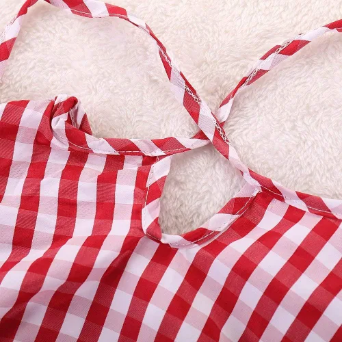 Vista 6 de Conjunto de ropa de vestir de manga corta con volantes y falda vaquera para bebé niña A cuadros