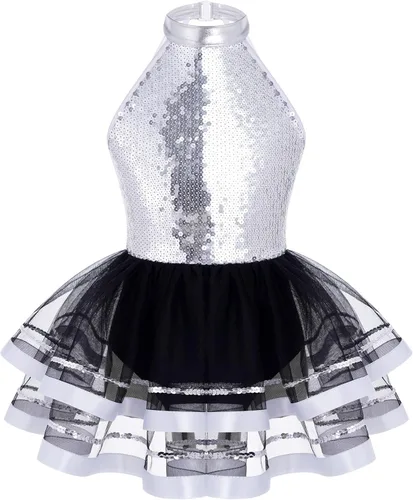 Vista 22 de CHICTRY Vestido tutú de ballet con lentejuelas brillantes para niñas y niñas, moderno disfraz de baile latino de jazz