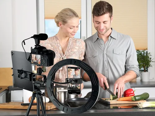 Vista 2 de Kit de vlogging premium de 9 piezas para iPhone, Android y cámaras, micrófono, soporte de trípode y luz LED, paquete de YouTube, TikTok y creador