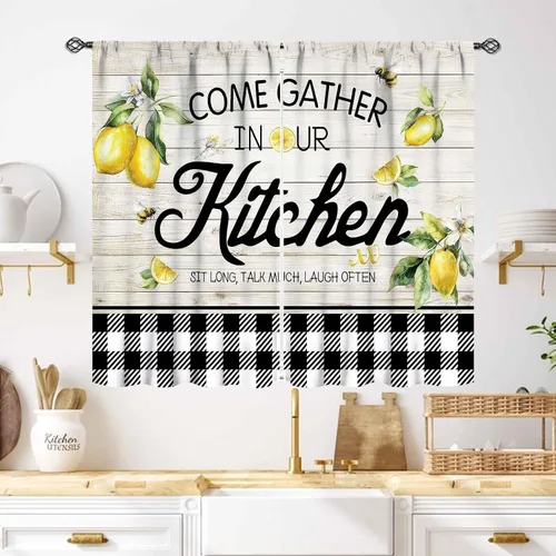 Vista 45 de Cortinas de cocina rústicas, color negro y blanco, tablón de madera con cuchillo y cuchara para barra, bolsillo para barra, tratamiento de ventana