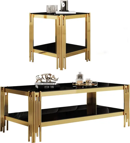 Vista 17 de Mesa auxiliar rectangular de vidrio de 48 pulgadas, mesa de centro de 2 niveles con parte superior de vidrio templado negro, patas de acero