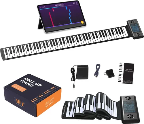 Vista 8 de KONIX Piano enrollable de 61 teclas, piano portátil mejorado para principiantes con Bluetooth/MIDI, teclado de piano enrollable de silicona