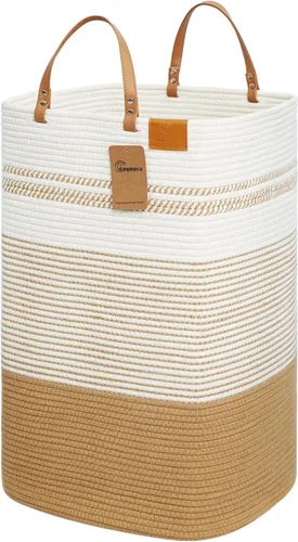 Vista 17 de Cesta grande de 79 L para ropa sucia, cesta tejida de algodón con asas, cesta de almacenamiento para ropa sucia en el baño, cesta decorativa