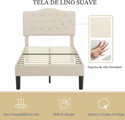Vista 8 de VECELO Base de cama de plataforma de tamaño individual con cabecera tapizada de tela y soporte de listones de madera, no necesita somier/fácil Beige