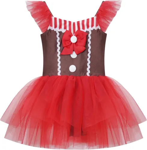 Vista 3 de MSemis Vestido de baile de tutú de jengibre para niñas, manga burbuja, bastón de caramelo, cosplay