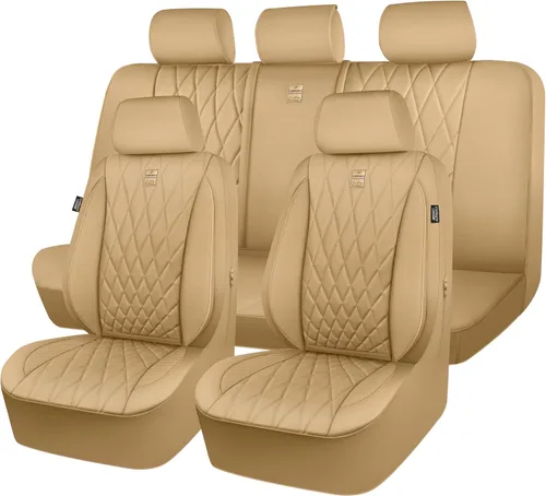 Vista 29 de Car Pass - Juego completo de fundas de asiento de lujo con ribete de cuero sintético, cubiertas de asiento automotrices antideslizantes impermeables