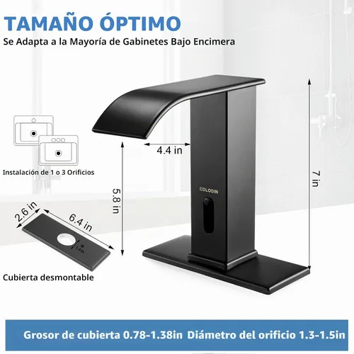 Vista 5 de Grifo de baño sin contacto, llave de cascada con sensor automático, lavabo moderno de acero inoxidable mate negro, llave de lavabo con sensor