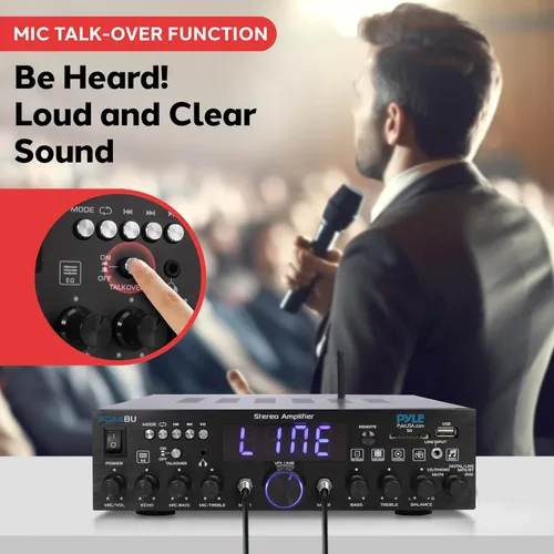 Vista 4 de Pyle Amplificador estéreo inalámbrico Bluetooth para el hogar de 200 W - Receptor de audio multicanal con óptico - Teléfono - Coaxial - FM - USB/SD