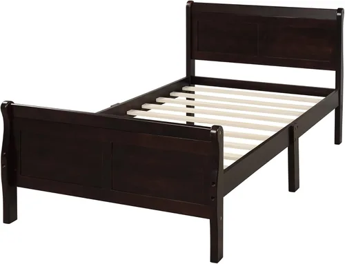 Vista 4 de Cama de plataforma individual, marco de cama de madera rústica de aspecto simple con cabecero y estribo para muebles de dormitorio o habitación