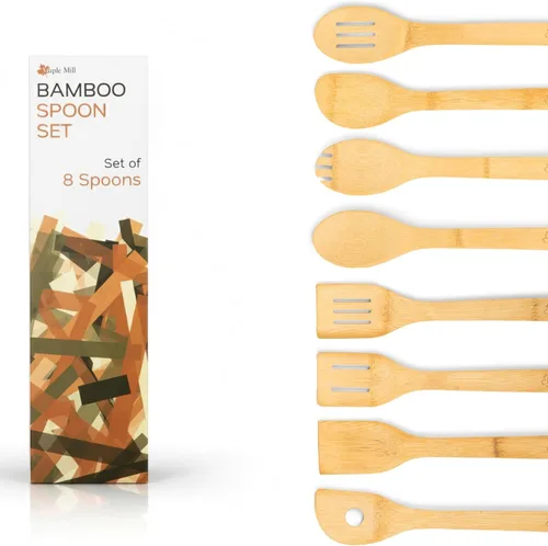 Vista 9 de Cucharas de bambú para cocinar - Juego de 8 cucharas con soporte - Cucharas de cocina de madera - Utensilios de cocina de bambú no tóxicos