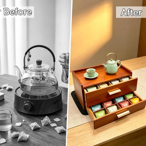 Vista 4 de Organizador de bolsas de té de madera con paspartú, bolsa de almacenamiento de té de madera, soporte para caja de té de doble cajón con 20