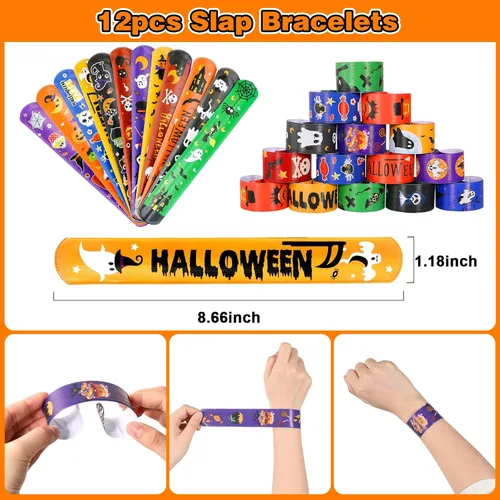 Vista 4 de MGparty Paquete de 288 regalos de fiesta de Halloween, juguetes a granel para niños, sellos de tatuajes, pulseras de goma, pulseras de goma