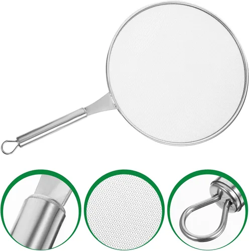 Vista 7 de FUOYLOO Pantalla de salpicaduras de aceite de acero inoxidable con mango cómodo, protector de grasa de malla fina para sartenes, sartenes de cocina
