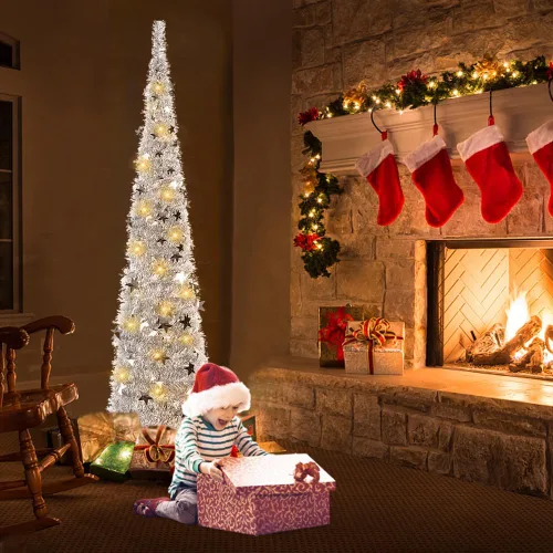 Vista 2 de 6FT Silver Pop up Christmas Tree, Collapsible Christmas Tree Árbol de Navidad de oropel de lentejuelas brillantes, árbol de Navidad artificial fácil