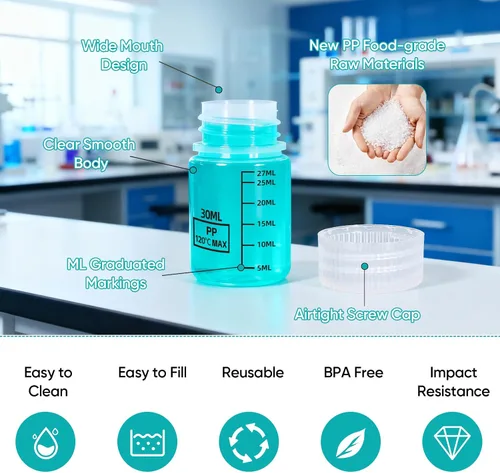 Vista 7 de DEMORA Botellas de plástico con tapas herméticas de 1 oz/30 ml, recipientes de líquidos de boca ancha de grado alimenticio, botellas de medición