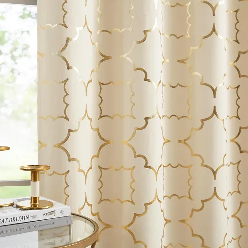 Vista 2 de Purainbow Cortinas opacas beige para dormitorio, sala de estar con paneles de impresión de lámina dorada, oscurecimiento de la habitación
