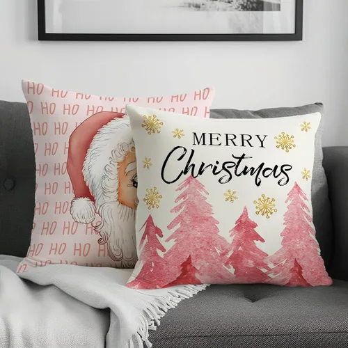 Vista 4 de Juego de 2 fundas de almohada de Navidad rosa con diseño de copos de nieve de Navidad con cremallera oculta, funda de cojín decorativa para sofá
