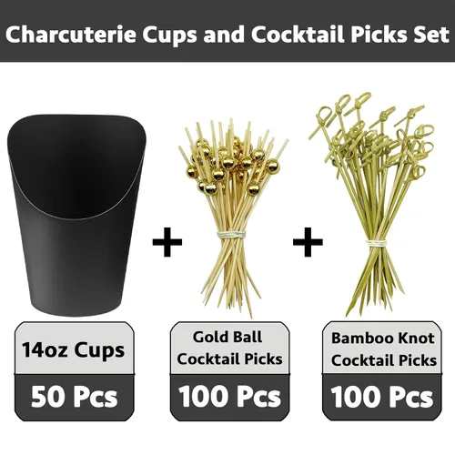 Vista 2 de CAMKYDE [50 vasos + 200 palillos] Vasos desechables para embutidos de 14 oz con palillos (negros)