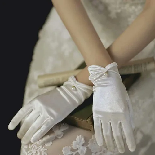Vista 3 de Vestido de novia de satén para mujer, fiesta de ópera, guantes de los años 20, guantes hasta la muñeca