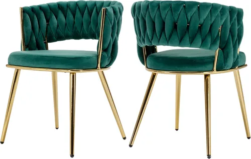 Vista 28 de Juego de 2 sillas de comedor tejidas, modernas sillas de comedor tejidas a mano con patas de metal negro, sillas tapizadas con marco negro
