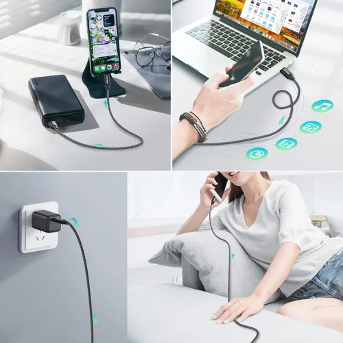 Vista 3 de Paquete de 3 cables USB C a USB C [1 pies+3 pies + 6 pies] 60 W 5A Cable de carga de nailon trenzado tipo C cable de carga rápida para iPhone