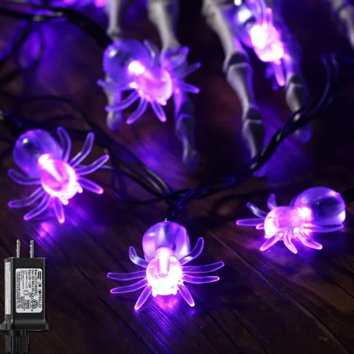 Vista 7 de RECESKY Guirnalda de 70 luces LED de murciélagos – Cadena de luces moradas de Halloween de 22.6 pies con temporizador automático, extensible, 8