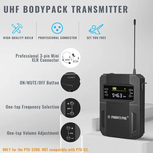Vista 5 de Phenyx Pro Paquete de sistema de micrófono inalámbrico PTU-5200-2H2B con el estuche de transporte personalizable de gran