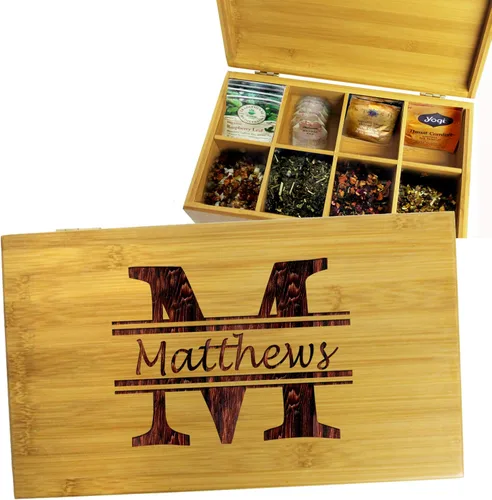 Vista 5 de My Personal Memories Caja de té de madera personalizada, organizador de almacenamiento y soporte para bolsa de té, regalo grabado para inauguración