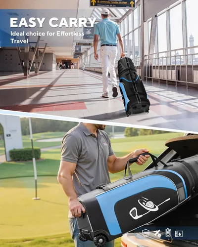 Vista 5 de M KARMATER Bolsa de viaje de golf para aerolíneas con ruedas, funda rígida plegable con parte superior de ABS y Oxford resistente 1680D, protección