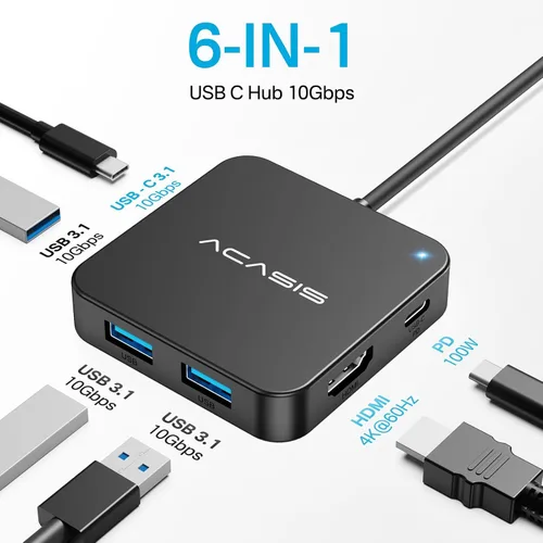 Vista 2 de ACASIS USB C Hub 10Gbps, USB C a 4K 60Hz Adaptador HDMI para Laptop/MacBook Negro