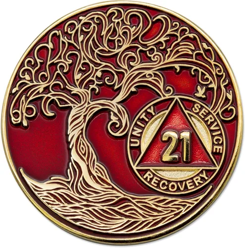 Vista 47 de 1 año Sobriety Mint Twisted Tree of Life Medallón de recuperación AA chapado en oro, chip/ficha - negro