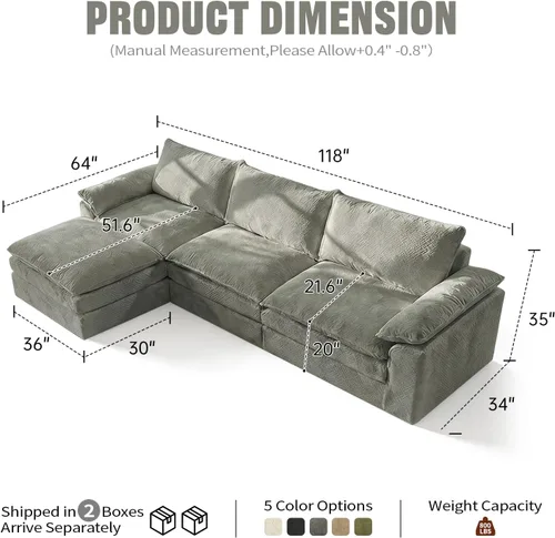Vista 3 de Sofá modular en forma de nube de 118 pulgadas, con otomana móvil, sofá de asiento profundo de felpilla para sala de estar, sin montaje, gris