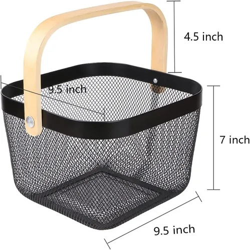 Vista 3 de Cesta organizadora de almacenamiento de malla de acero, cesta de frutas con mango de madera, ideal para cocina, baño, cestas de picnic, despensa