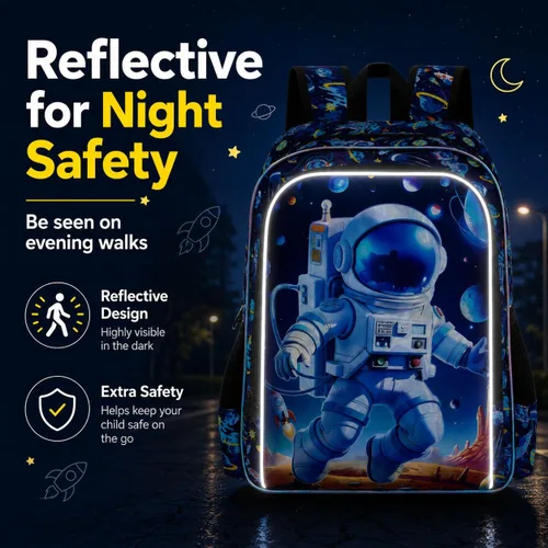 Vista 2 de gxtvo Mochila para niños de 3 piezas, 16 pulgadas con lonchera, resistente al agua, para preescolar, Astronauta Cohete Azul, Tamaño único, Impresión