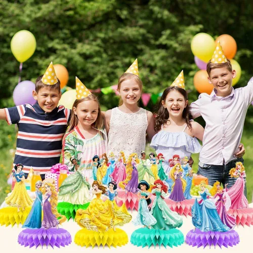 Vista 5 de Para suministros de fiesta de cumpleaños de princesas de Disney, 9 piezas de centros de mesa de panal para decoraciones de fiesta de princesas