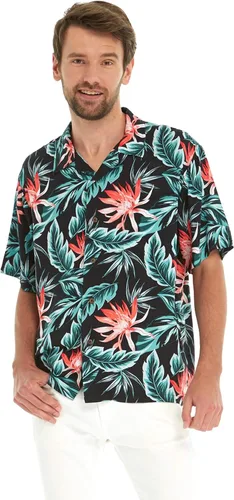 Vista 4 de Camisa hawaiana Luau o vestido cruzado con volantes para pareja a juego en color negro lirio floreciente