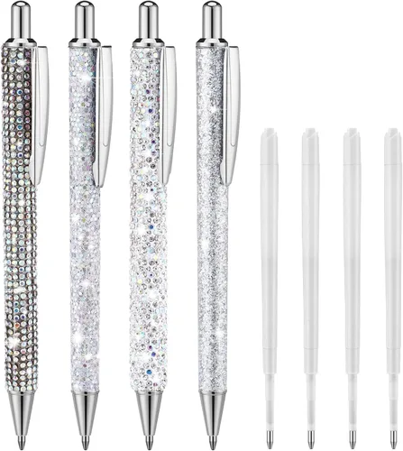 Vista 13 de Ireer 4 bolígrafos brillantes de diamantes de imitación para mujer, bolígrafo de tinta de metal con purpurina de cristal con 4 recambios de 0.039