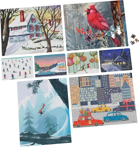 Vista 7 de Paquete de rompecabezas de 24 piezas, paisaje de ilustración de nieve de invierno navideño, 1000, 500, 300, 100, 48, 24 piezas, para niños y adultos
