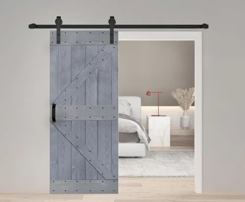 Vista 11 de Serie K. Puerta corredera de granero de madera maciza acabada con kit de herrajes (marrón/nogal, 24 x 84 pulgadas)