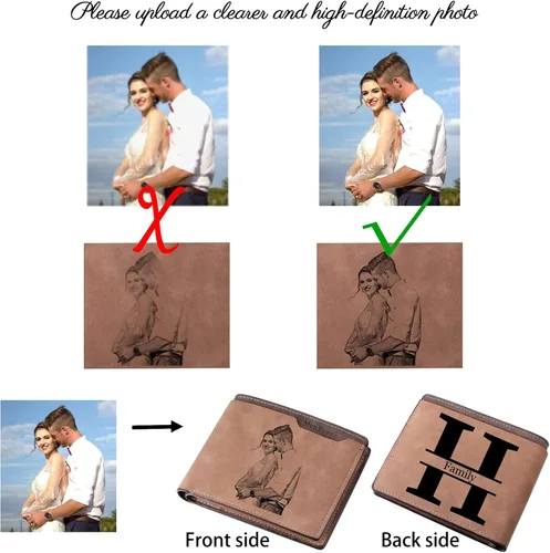 Vista 3 de INBLUE Billetera plegable grabada personalizada, cartera de cuero personalizada con foto y texto grabado, regalos para hombres, marido, papá, hijo