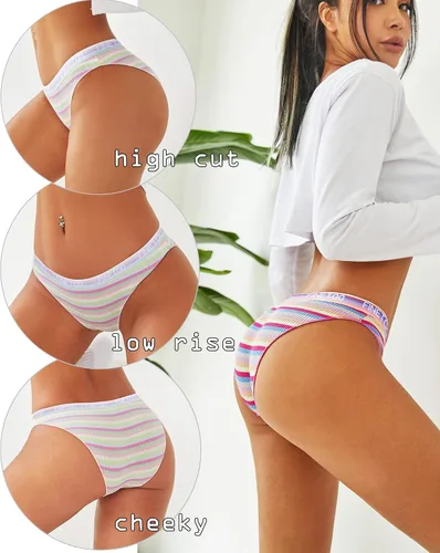 Vista 3 de FINETOO Ropa interior de algodón para mujer, de corte alto, transpirable, elástica, sexy, hipster, paquete de bragas de bikini a la moda, S-XL