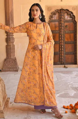 Vista 3 de Janasya Kurta de mujer india con estampado floral de Georgette amarillo con palazzo acampanado y dupatta