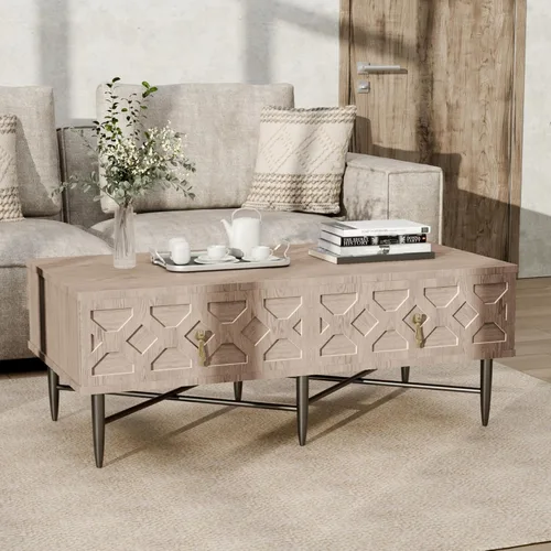 Vista 3 de NEDYO Mesa de centro moderna de mediados de siglo, mesa central decorativa tallada, mesa de té, mesa de centro de madera acanalada