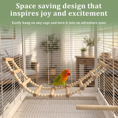 Vista 5 de Juego de juguetes de loros para pájaros, 8 unidades, madera natural, hamaca de perca con campana, accesorios de jaula para pájaros para periquitos