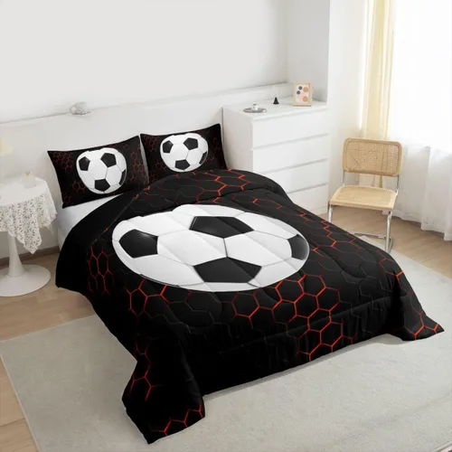 Vista 3 de Juego de edredón de panal negro y rojo para adolescentes, jóvenes y adultos, juego de ropa de cama de fútbol y fútbol, juegos de edredón hexagonales