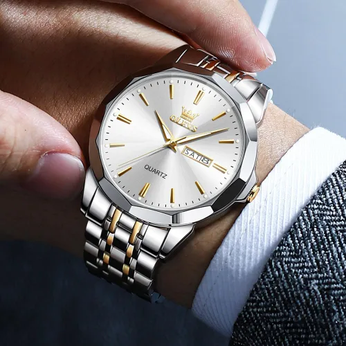 Vista 2 de OLEVS Watch for Men Diamond Business Dress Analog Quartz Stainless Steel Waterproof Luminous Date Two Tone Luxury Casual Wrist Watch Blue