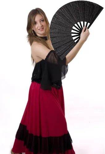 Vista 6 de Paquete de 2 ventiladores de mano plegables grandes para fiestas, abanico de mano con purpurina para festivales, ventilador de mano plegable grande
