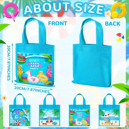 Vista 2 de Sweetude 36 bolsas de recuerdo de fiesta en la piscina, 4 diseños de bolsas de regalo de verano con asas, regalo de playa no tejidas para piscina